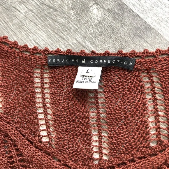 Peruvian Connection Rust / Burnt 🍊Scalloped Crochet Sweater Delicate Bohemian - Picture 4 of 6